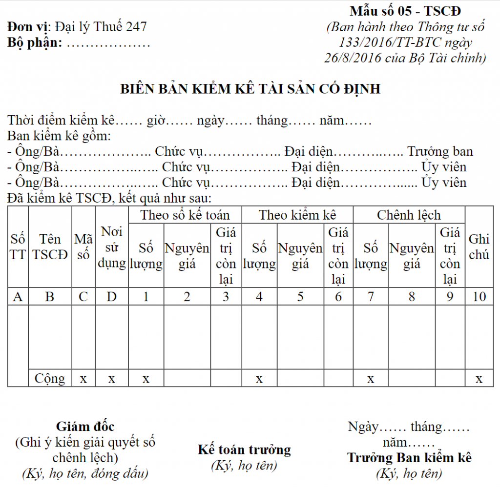 Mẫu Biên bản kiểm kê tài sản cố định theo Thông tư 133 và 200 Đại Lý